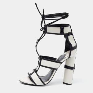 Tom Ford White/Black Paneled Leather Patchwork Ankle Strap Sandals Size 37.5