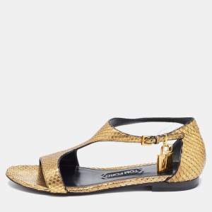 Tom Ford Gold Python Leather Ankle Wrap Flat Sandals Size 38