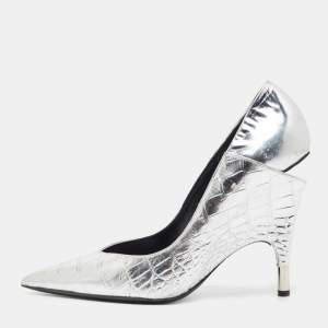 Tom Ford Silver Croc Embossed Leather Wedge Pumps Size 40