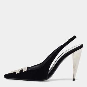 Tom Ford Black Velvet Crystal Embellished TF Slingback Pumps Size 37