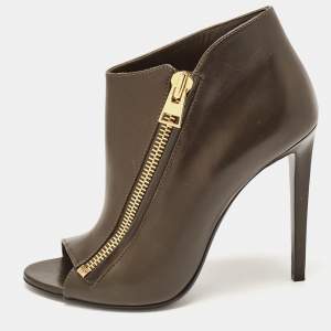 Tom Ford Olive Green Leather Zip Up Open Toe Ankle Booties Size 39