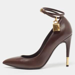 Tom Ford Brown Leather Padlock Ankle Wrap Pumps Size 39