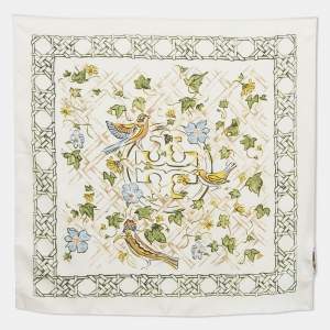 Pre Owned Tory Burch Cream Painted Caning with Birds Silk Neckerchief
