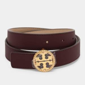 Pre Owned Tory Burch Burgundy Leather Logo Buckle Slim Belt 95CM