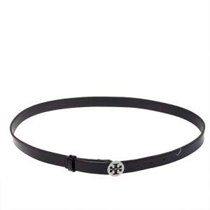 Tory Burch Black Patent Leather Reva Logo Narrow Belt 95CM