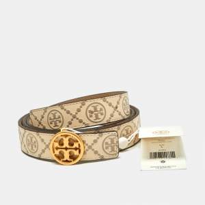 Tory Burch Beige Embossed Logo Leather Large Logo Belt 95CM
