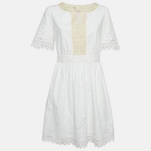 Tory Burch White Cotton Lace Trimmed Larissa Mini Dress S