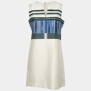 Pre Owned Tory Burch Indigo Plaited Engineered Stripe Cotton Silk Mikado Dress S 