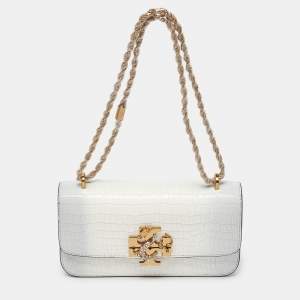Pre Owned Tory Burch Warm White/Mist Croc Embossed Leather Eleanor Dragon Rectangular Shoulder Bag