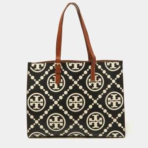 Pre Owned Tory Burch Black/Beige T Monogram Embossed Leather Tote