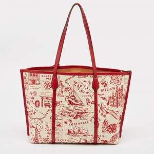 Pre Owned Tory Burch Red Fabric and Leather Printed Perry Tote
