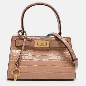 Tory Burch Beige Croc Embossed Leather Petite Lee Radziwill Top Handle Bag