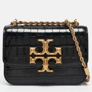 Pre Owned Tory Burch Black Croc Embossed Leather Small Eleanor Convertible Bag