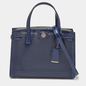 Tory Burch Navy Blue Perforated Leather Small Robinson Tote