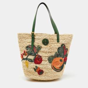 Tory Burch Beige/Green Woven Straw and Leather Embroidered Fruit Emerson Tote