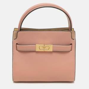 Tory Burch Peach/Beige Leather and Suede Petite Double Lee Radziwill Top Handle Bag