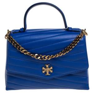 Pre Owned Tory Burch Blue Chevron Leather Kira Top Handle Bag