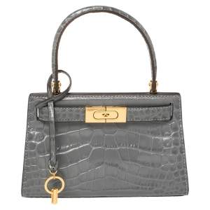 Pre Owned Tory Burch Grey Croc Embossed Leather Petite Lee Radziwill Top Handle Bag