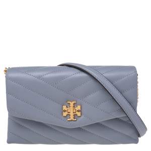 Pre Owned Tory Burch Grey Chevron Quilted Leather Kira Wallet On Chain