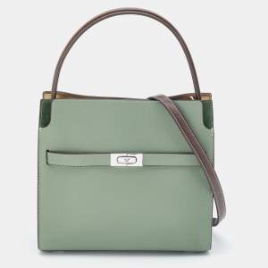 Pre Owned Tory Burch Green/Brown Leather and Suede Small Lee Radziwill Double Bag