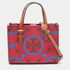 Pre Owned Tory Burch Red/Multicolor T Monogram Leather Mini Square Tote