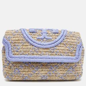 Tory Burch Light Blue/Natural Woven Raffia Fleming Clutch