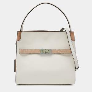 Pre Owned Tory Burch White/Beige Leather and Suede Small Lee Radziwill Double Bag
