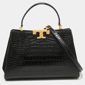 Pre Owned Tory Burch Black Croc Embossed Leather Eleanor Satchel