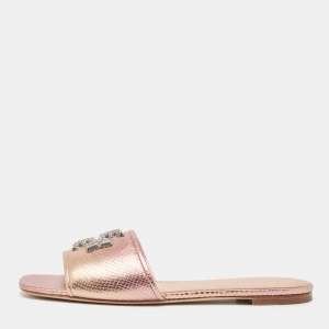 Pre Owned Tory Burch Metallic Snakeskin Embossed Leather Eleanor Flat Slides Size 39