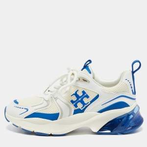 Tory Burch Blue/White Leather and Mesh Good Luck Sneakers Size 38.5