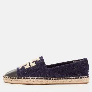 Pre Owned Tory Burch Navy Blue Tweed And Leather Espadrilles Flats Size 38