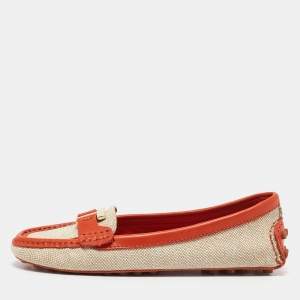 Tory Burch Beige/Orange Canvas and Leather Casey Loafers Size 35.5