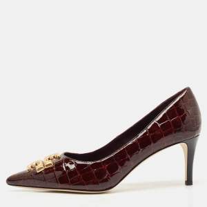 Pre Owned Tory Burch Brown Croc Embossed Patent Leather Eleanor Pointed Toe Pumps Size 39