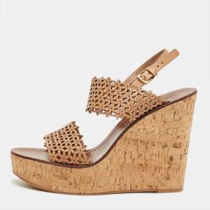 Pre Owned Tory Burch Beige Perforated Leather Daisy Cork Wedge Sandals Size 40.5