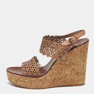 Pre Owned Tory Burch Beige Perforated Leather Daisy Cork Wedge Sandals Size 40.5