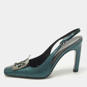 Pre Owned Tory Burch Pave Logo Size 37.5 Teal Green Leather Pumps