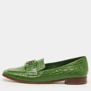 مملوكة مسبقًا Tory Burch Georgia Size 39 Green Croc Embossed Leather Loafers
