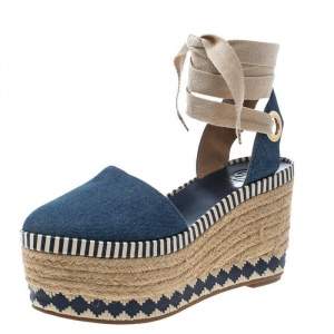 مملوكة مسبقًا Tory Burch Blue Denim Dandy Ankle Wrap Espadrille Wedge Sandals Size 40