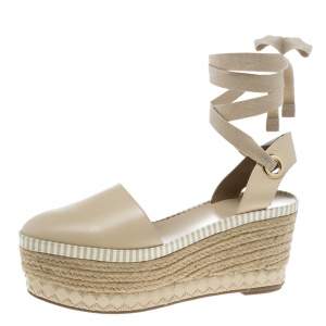 مملوكة مسبقًا Tory Burch Beige Leather Dandy Ankle Wrap Espadrille Wedge Sandals Size 40