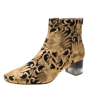 Pre Owned Tory Burch Metallic Gold Brocade Fabric Ankle Boots Size 39.5