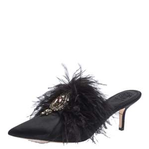 Pre Owned Tory Burch Black Satin Elodie Fur Embellished Pointed Toe Mule Sandals Size 39