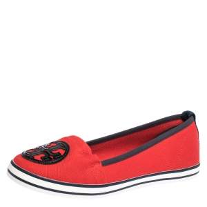 Pre Owned Tory Burch Red Canvas Logo Slip On Loafers Size 38
