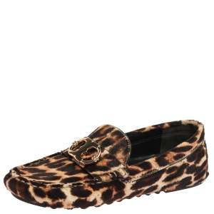 Pre Owned Tory Burch Brown/Black Leopard Print Pony Hair Loafers Size 36