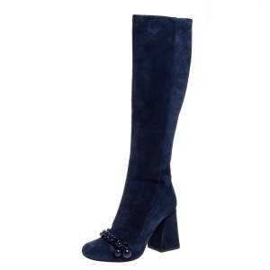 Tory Burch Blue Suede Leather Chain Detail Square Toe Knee Length Boots Size 37