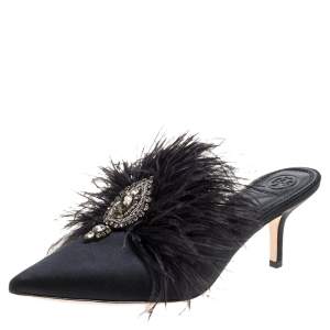 مملوكة مسبقًا Tory Burch Black Satin Elodie Crystal Embellished Feather Fur Pointed Toe Mule Sandals Size 39.5