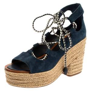 Pre Owned Tory Burch Navy Blue Suede Positano Tie Up Espadrille Wedge Sandals Size 37