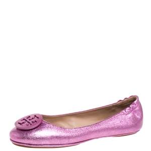 Pre Owned Tory Burch Metallic Pink Leather Minnie Travel Ballet Flats Size 40