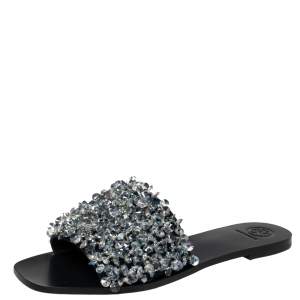 مملوكة مسبقًا Tory Burch Blue Satin Logan Slide Sandals Size 40