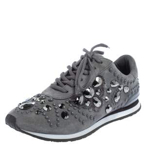 Pre Owned Tory Burch Grey Suede Scarlett Crystal Embellished Sneakers Size 37.5