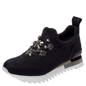 Pre Owned Tory Burch Black Fabric Storm Cloud Crystal Embellished Slip On Sneakers Size 38